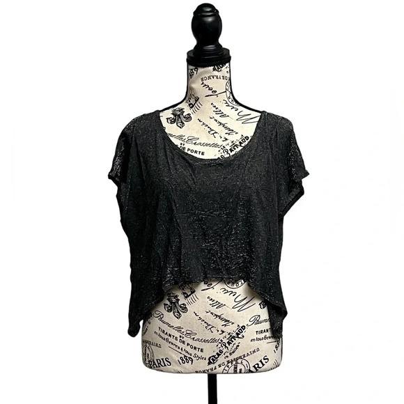 Emma & Sam Womens Black Silver Metallic Hi Low Crop Top Tie Back Open S - Picture 1 of 11
